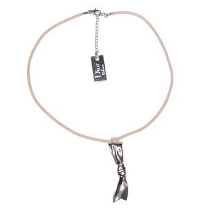 VTG Christian Dior Beauty Silver Bow Ribbon Charm Pink Cord Choker Necklace